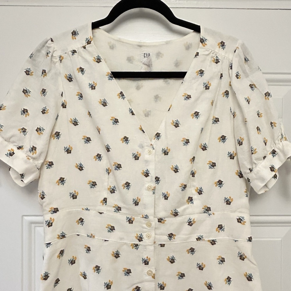 GAP White Dress floral puff sleeve lined button Fit Flare Beach Summer Work 10 - Picture 5 of 12